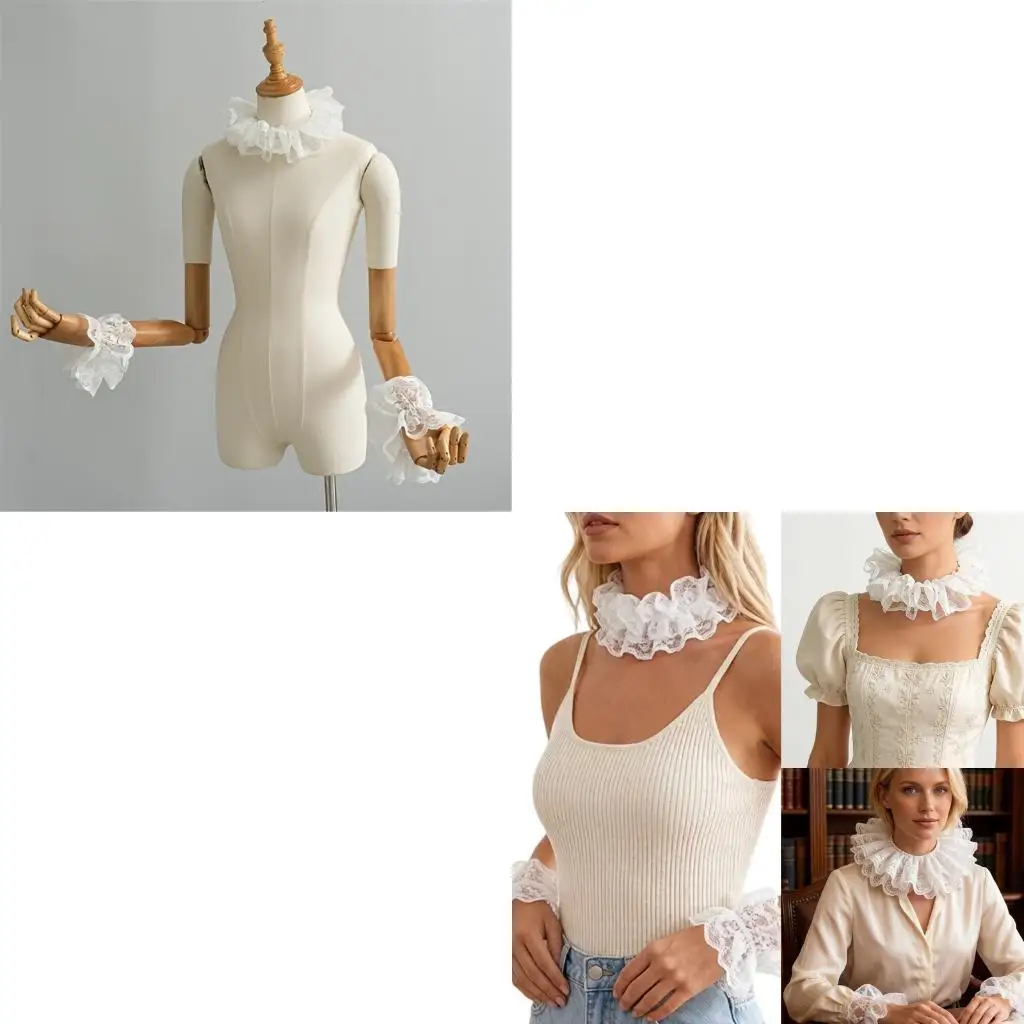 39BD White Lace Faux Collar and Wrist Cuffs, Detachable Costume Styling Set for Party and Photo Event Looks