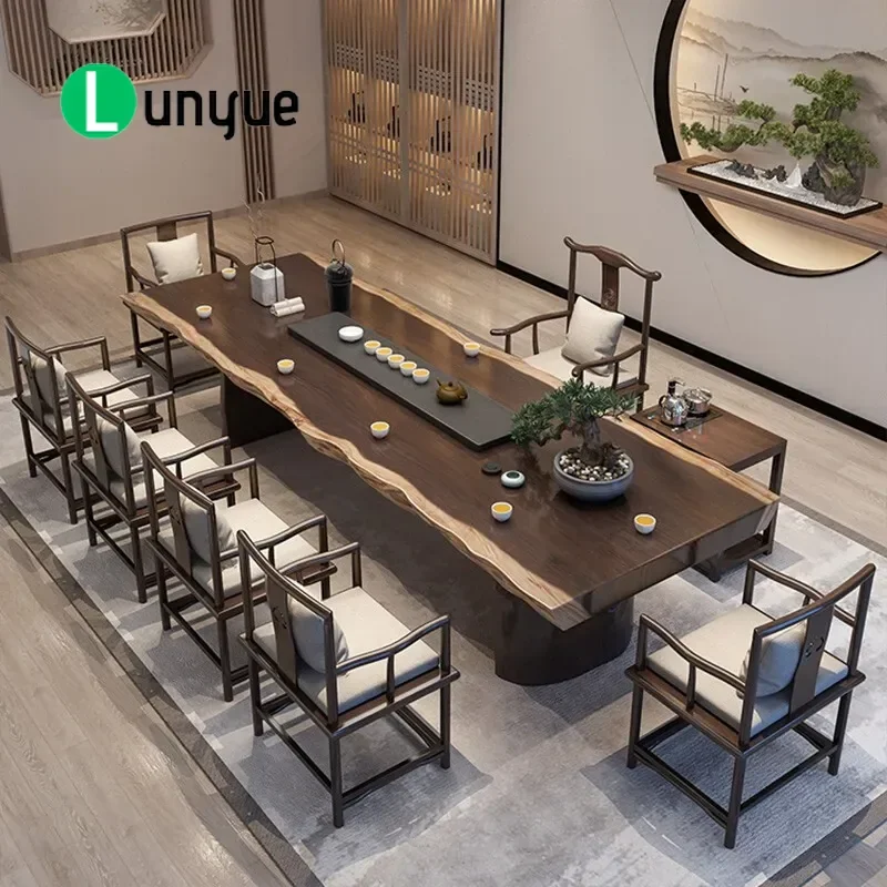 New Chinese Style Solid Wood Tea Table Large Board Office Log Tea Ceremony Zen Furniture Integrated Design for Living Room