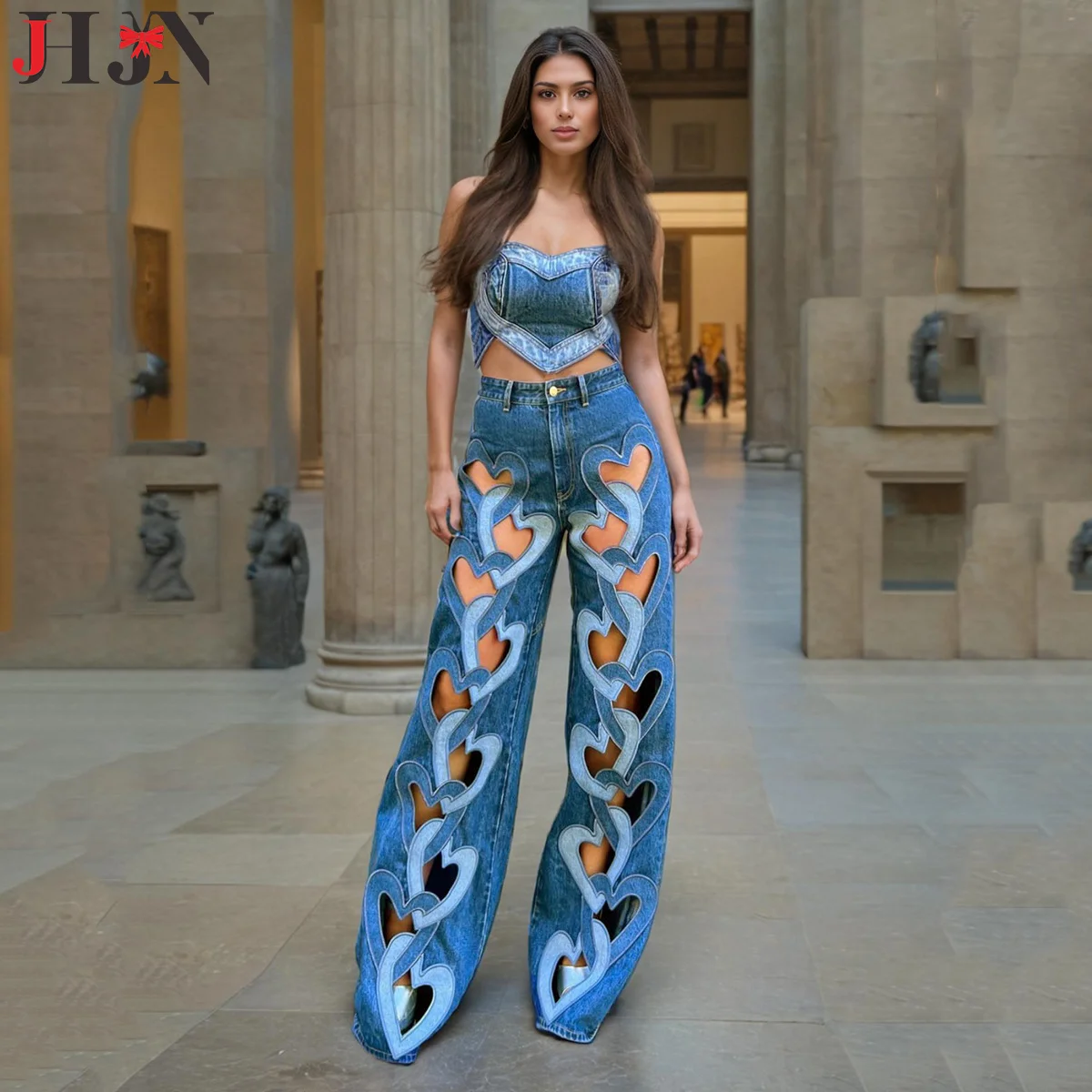 JHJN Fashion Trends Design Straight Pants High Waist Printing Embroidery Love Hollow out Wide leg Jeans Luxury Brand