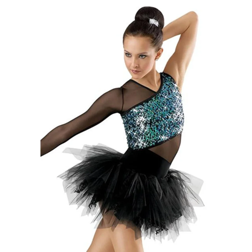 Asymmetric One-Sleeve Ballet Tutu Dress 2 Piece Dance Costumes Leotard Black Swan Lake Stage Performance Outfits