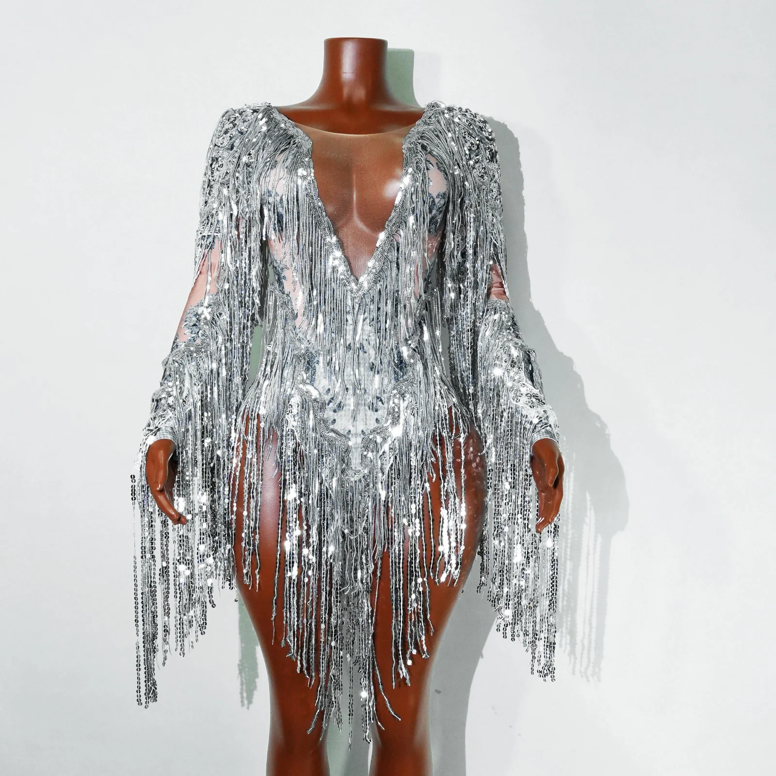 

shiny silver Sequins Tassels Sexy V-neck Bodysuit Dancers Club Birthday Party Show Tour Interaction Stage Performance Costume