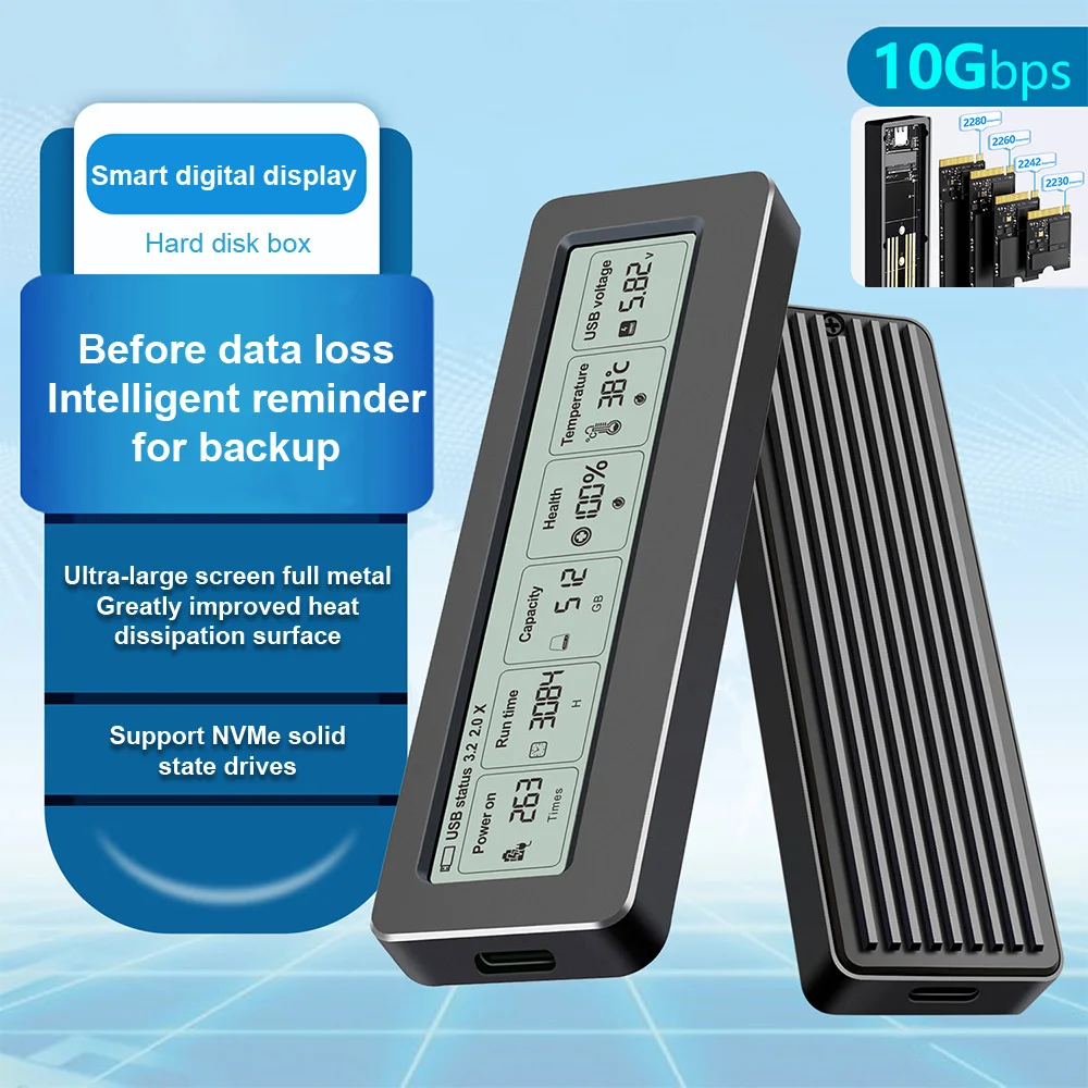 

Smart Digital Display M.2 Hard Disk Box 2280 NVME PCI-E High-Speed USB C 3.2 Metal Heat Dissipation Solid Mobile Hard Disk Box