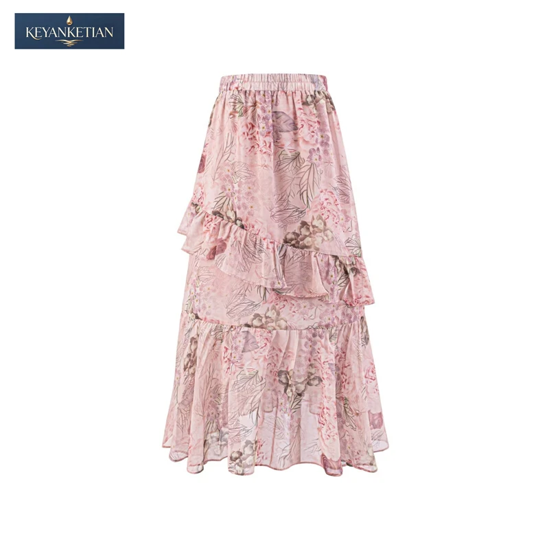 KEYANKETIAN 2026 Vintage-Inspired A-Line Skirt High Waist Pink Floral Pattern, Asymmetrical Tiered Ruffle Chiffon A-line Skirt