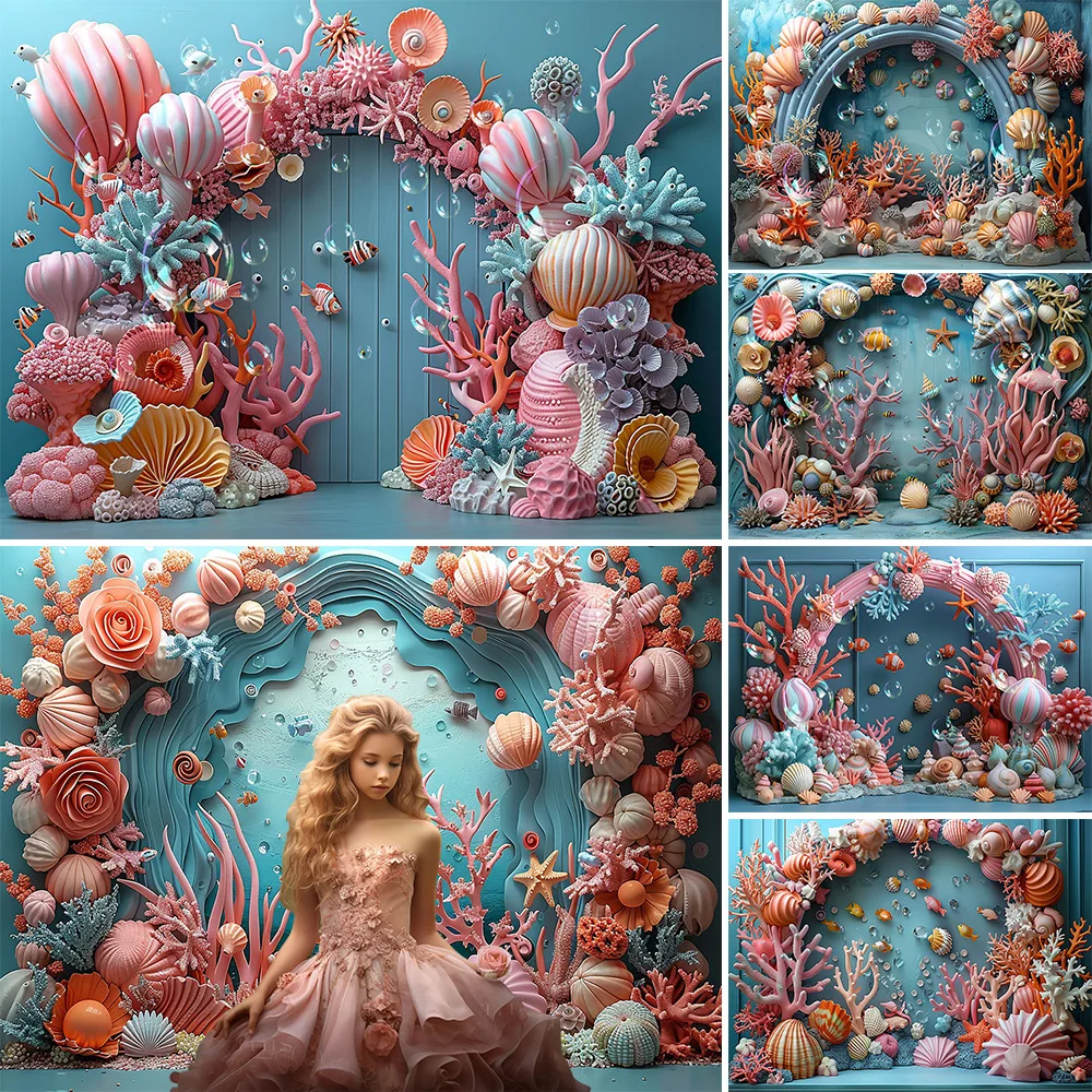 

Kids Dream Underwater Birthday Party Background Decor Colorful Coral Arch Door Bubble Blue Backdrop Baby Show Photo Studio Prop