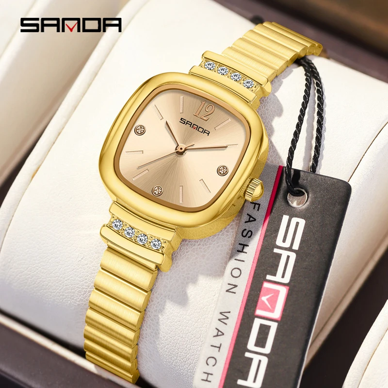 SANDA 브랜드 패션 작은 사각형 숙녀 시계 스테인레스 스틸 스트랩 쿼츠 손목 시계 여성용 패션 럭셔리 선물 시계