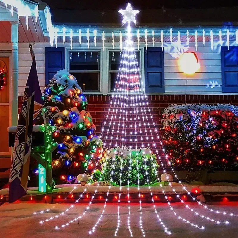 Guirxiété Lumineuse Cascade De Noël Dégradée Avec Topper Ster, Décorations D'arbre De Noël Pour La Maison, Nouvel An, 2024, 2025