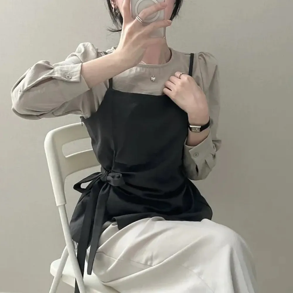 Dames Lange Sve irt Knoop Tie Top + Basislaag Lange Sve Blouse Tweedelige Set Herfst Lente Seizoen Koreaanse Sle