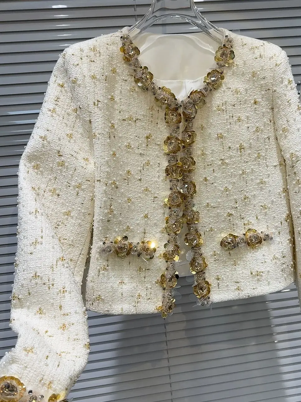 HIGH STREET Newest 2024 Fashion Stylish Designer Women\'s Golden Sequined Flower Beading Edge Coarse Woolen Short Jacket Top