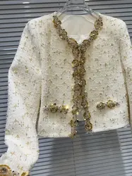 HIGH STREET Newest 2024 Fashion Stylish Designer Women's Golden Sequined Flower Beading Edge Coarse Woolen Short Jacket Top