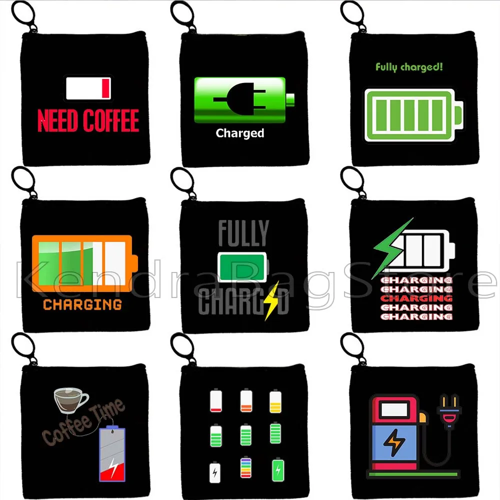 Funny Battery Fully Charged Battery Electric Level Charging Chargers Print Canvas Coin Purse Key Card Bags Wallet Zipper Pouch