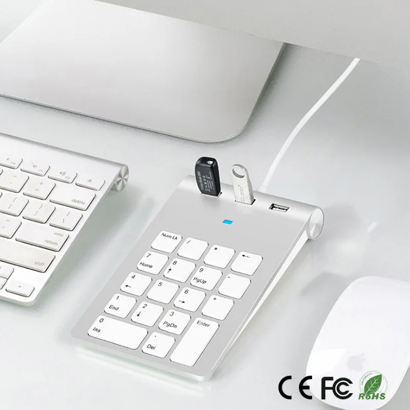 USB & Type C Wired Mini Numeric Keypad with 3 USB2.0 Port Hub 18 Keys Numpad Accounting Number Pad for Bank Accounting Teller
