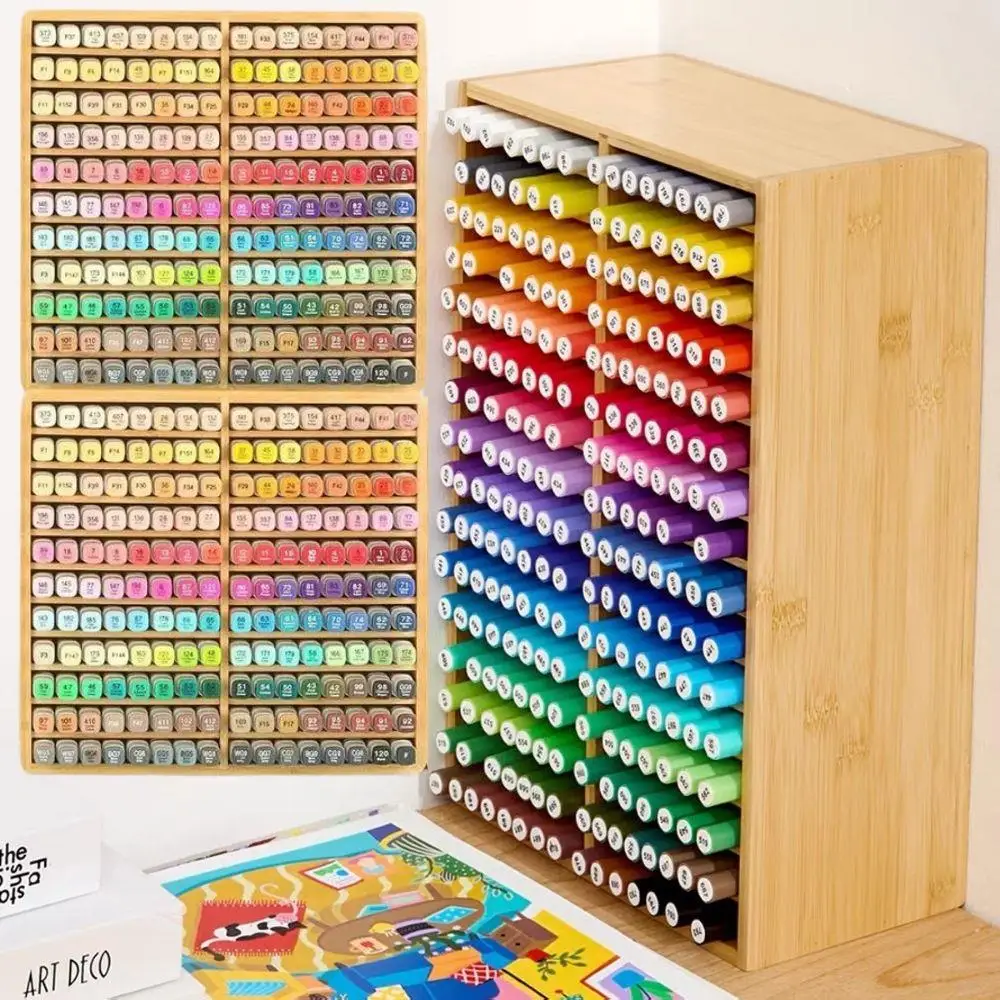 Bamboo Desktop Watercolor Pen Storage Box Student Office Pen Holder Painting Brush Storage Rack Multi-layer Stationery Supplies