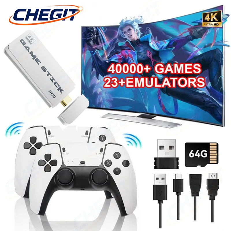 M15 4K TV Game Stick 64GB Built-in 40000+ Retro Games Console with Wireless Gamepads 23+ Simulators for PS1/GBA/FC