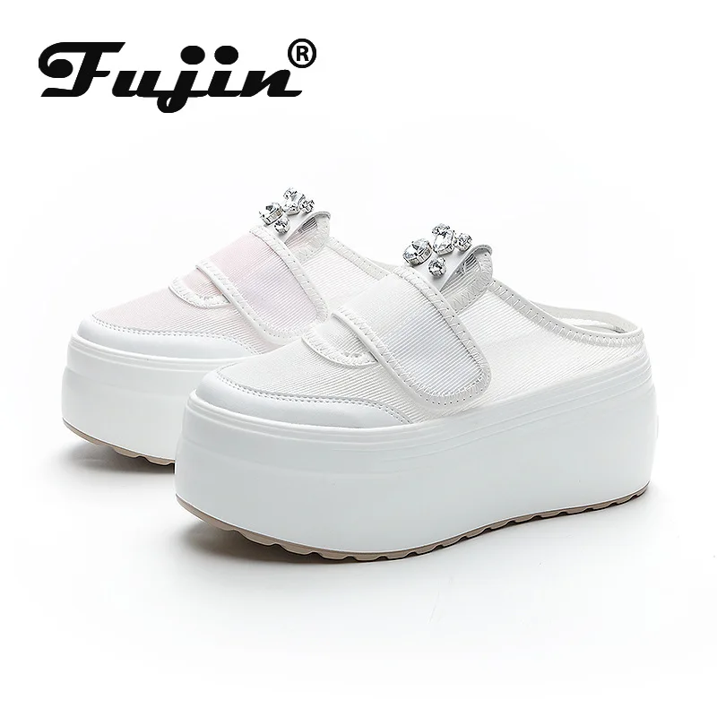 Fujin 8cm Air Mesh Microfiber Genuine Leather Rhinestone Platform Wedge Summer Slipper Women Sandal Bling Chunky Sneakers Shoes