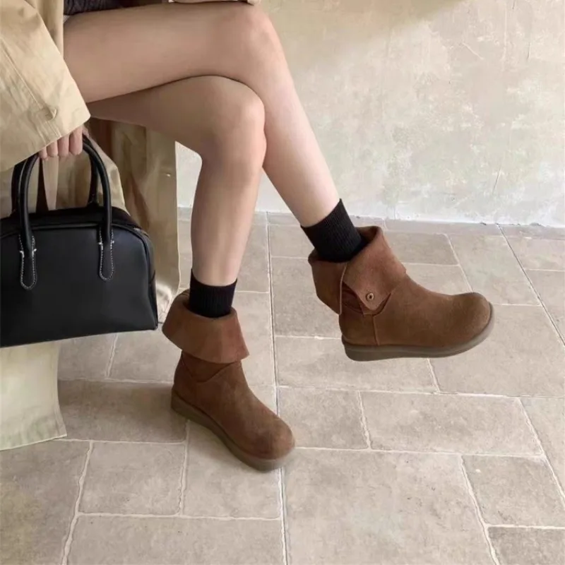 

Flats Women Mid Calf Boots Winter Suede Fashion Leisure Suede Shoes Woman 2024 Trend New Brand Designer Walking Cozy Casual Snow