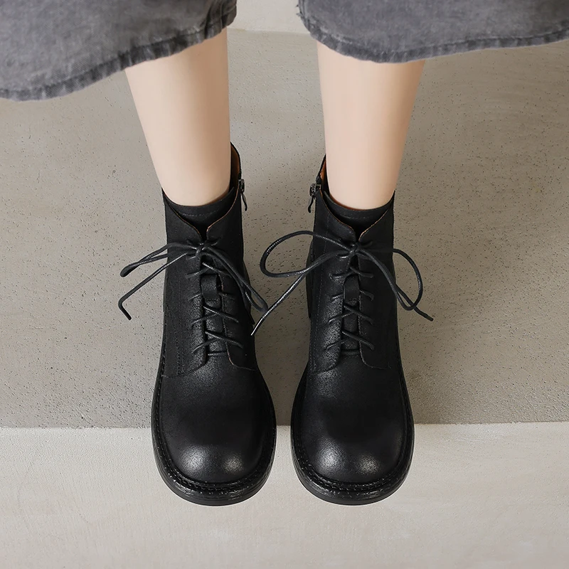 

Новинка 2026, осенне-зимние женские ботильоны из натуральной кожи, короткие ботинки на платформе с матовой воловьей кожей и шнуровкой по бокам на молнии