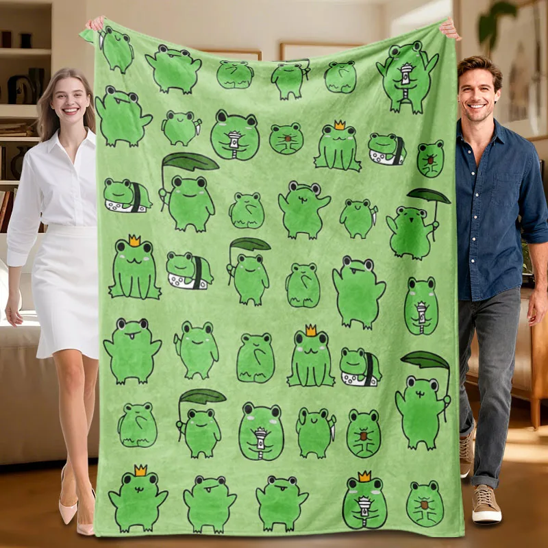 1개의 녹색 개구리 테마 플란넬 담요, 부드럽고 소파, 침대, 사무실, 사계절 사용에 적합합니다.