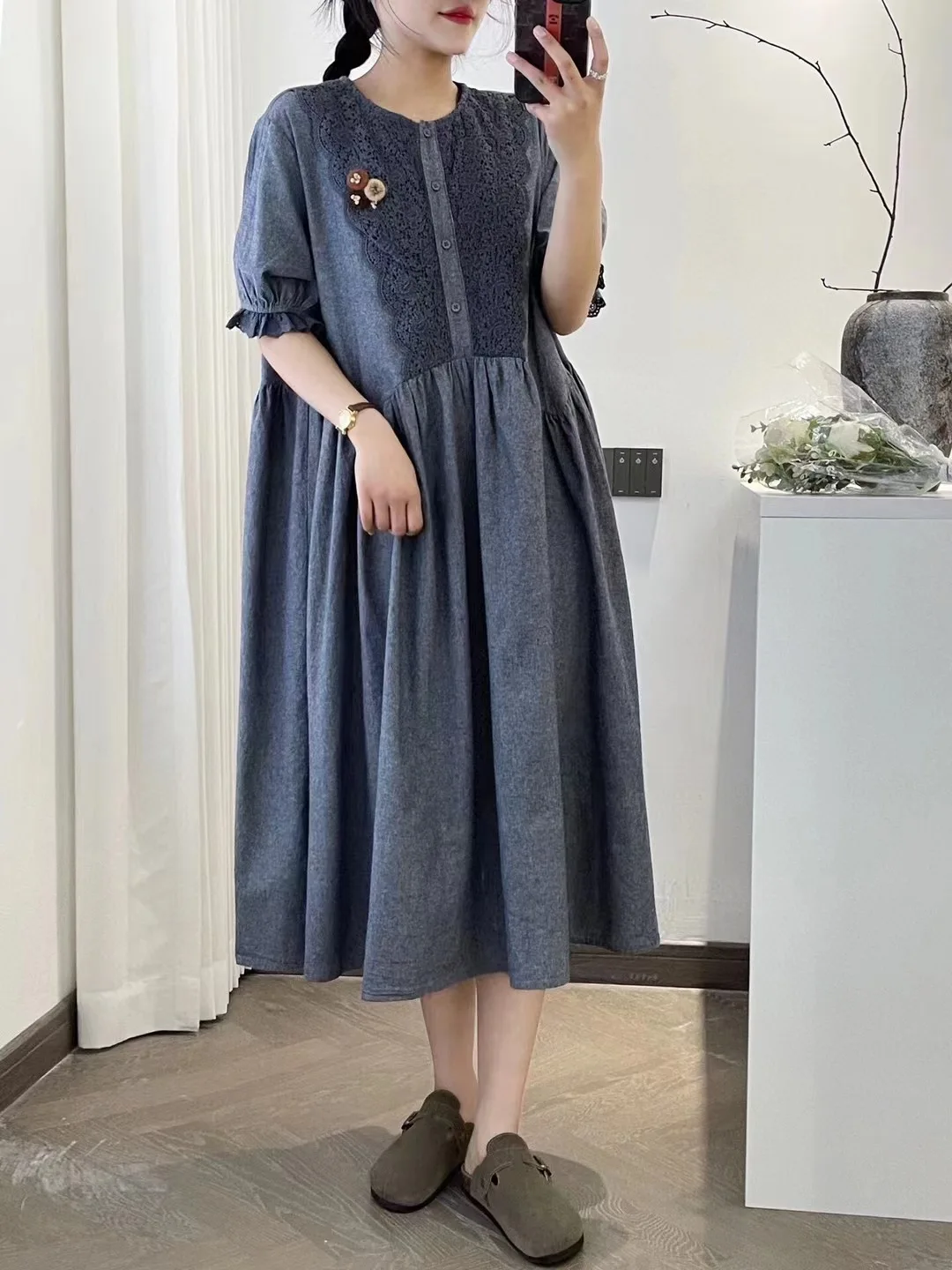 New Summer Cotton Linen Short Sleeve Dresses Women O Neck Embroidery Mori Girl Loose French OL Retro Dress 2024 Autumn D46557QC