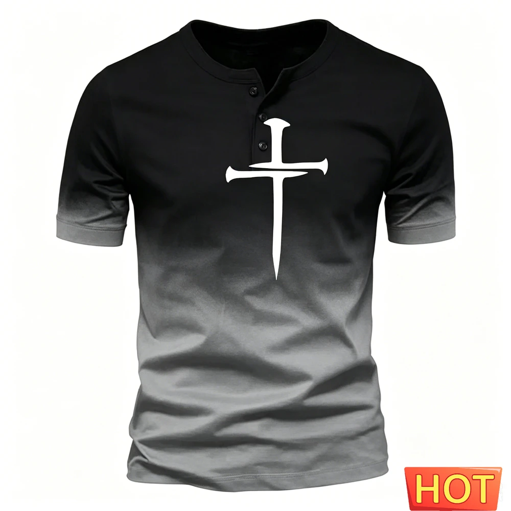 

Summer Men's Henley Shirt Funny 3D Cross Gradient Print Tops Fashion Henry Collar Short Sleeve Tee Casual Loose T-shirt Clothing