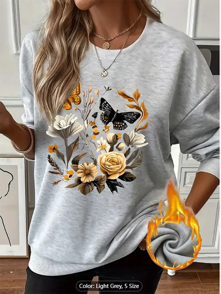 

Floral Print Thickened Long Sleeve Round Neck Casual Top with Roses Daisies & Butterflies Design Machine Washable