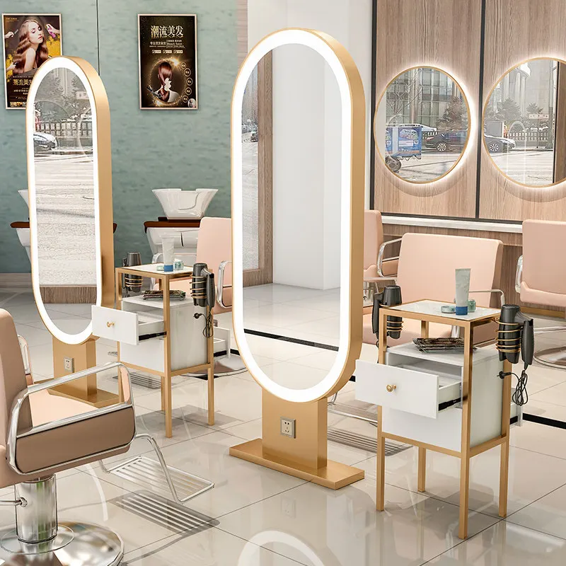 Trendy Hair Salon Floor Standing Double Sided Mirror Station with Lights Professional Barber Stylist Haircut Vanity Mirror Table