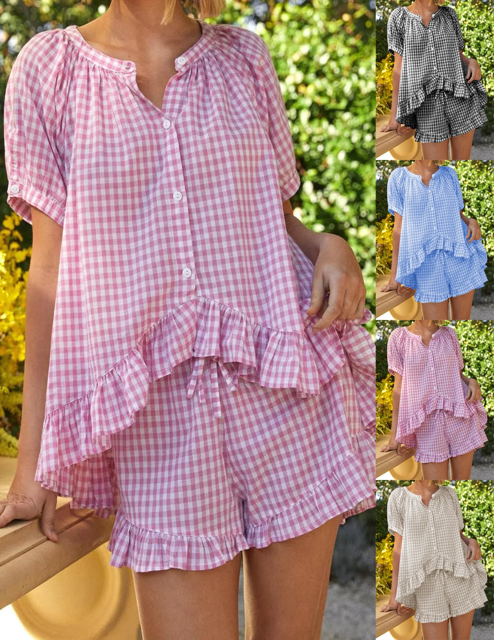 

Womens 2 Piece Ruffle Pajama Set Gingham Pjs Short Sleeve Babydoll Shirt and Shorts Set Cute Girl Soft Sleep Lounge Clothes