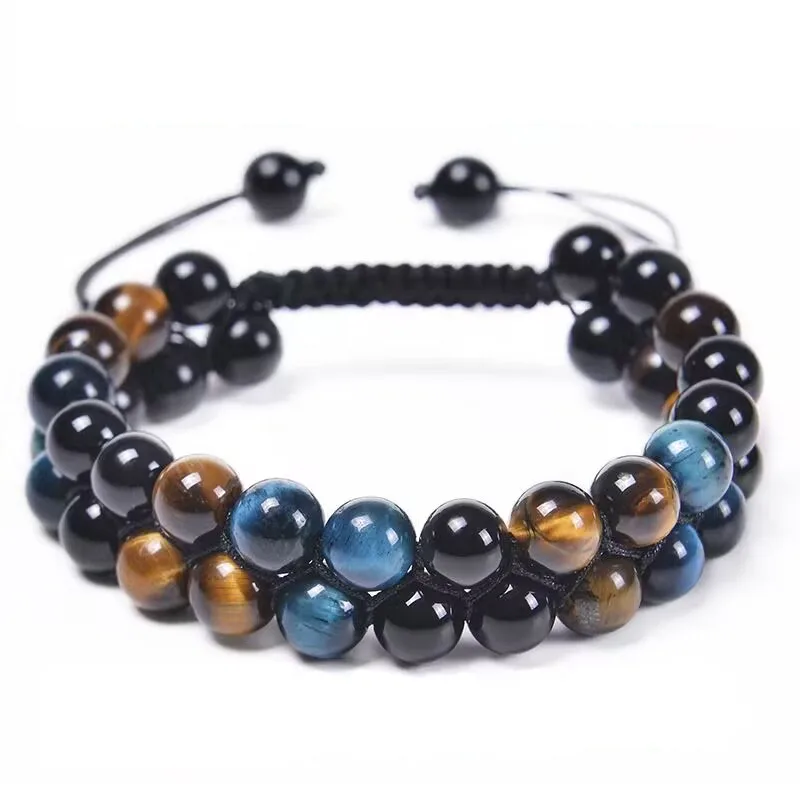 

Triple Protection Bracelet 8mm Natural Stone Beads Obsidian Tiger Eye Hematite Double Layer Hand Healing Crystal Stretch Bracele