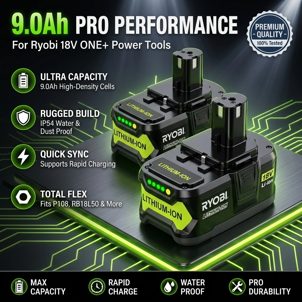 Dla akumulatora litowego RYOBI P108 P107 18V 9.0Ah z funkcją szybkiego ładowania, wbudowana inteligentna ochrona chipem jako alternatywa dla akumulatorów do elektronarzędzi 18V.