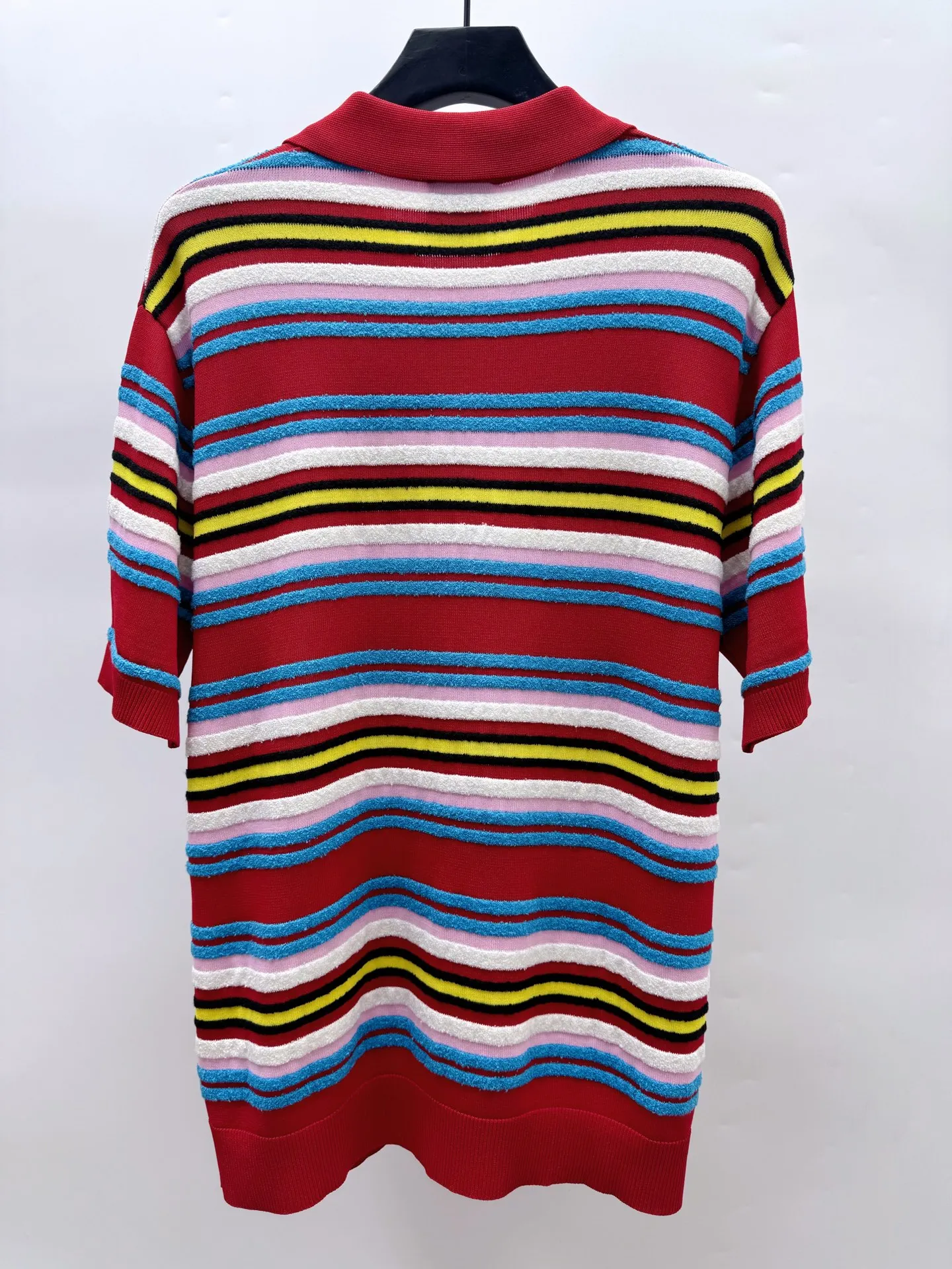 2025 New Casinoblank Striped Turn Down Collar Summer Sweater T shirt Oversized Short Sleeve Sweater Pearl Button