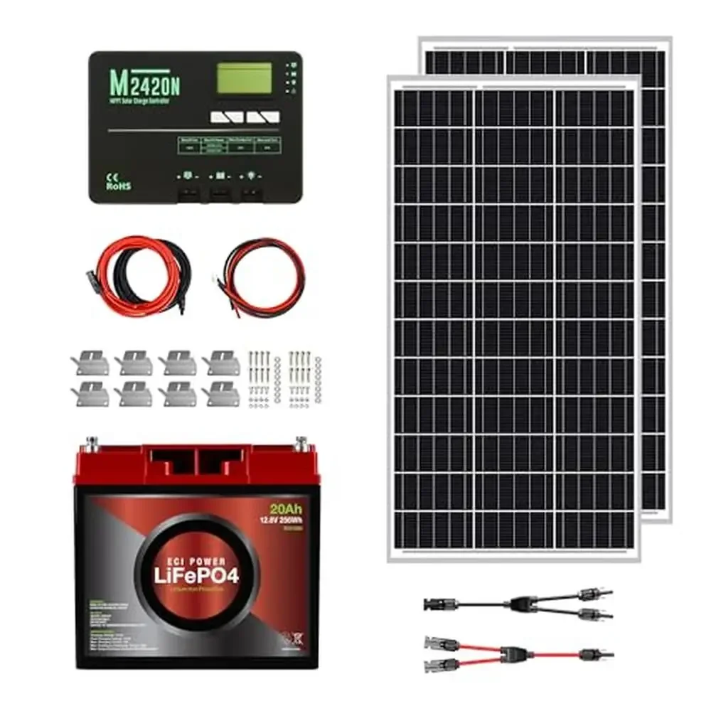 200W 12V Solar Power Kit with 20Ah LiFePO4 Battery Mono Rigid Panels 20A MPPT Controller RV System Detect Smart Tech by