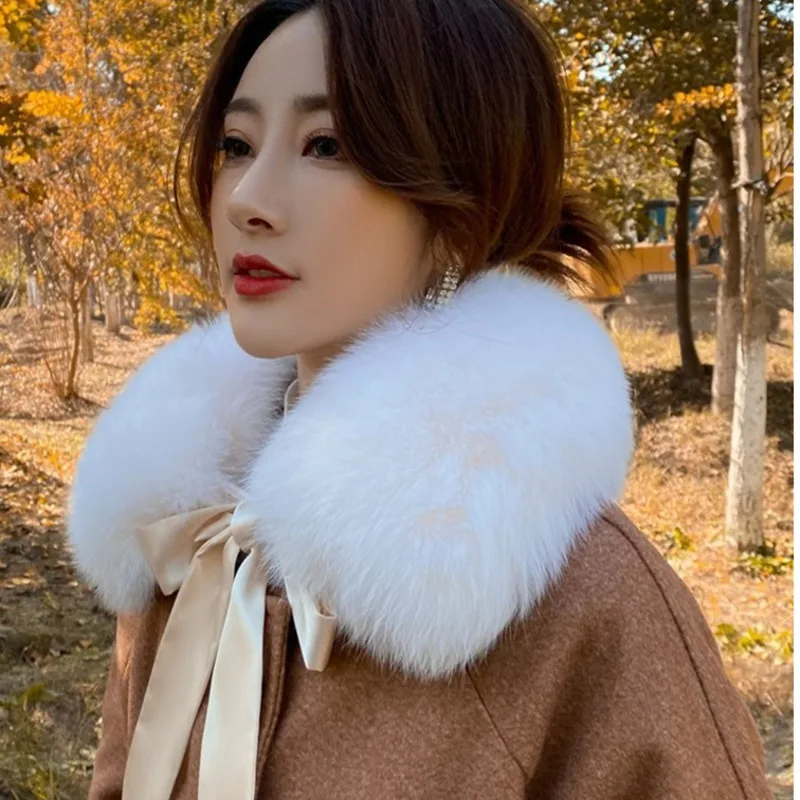 Real Fox Fur Collar For Ladies Fashion Neck Warmer Fur Scarves Jacket Coat Decor Collar Winter Fur Shawl Furry Gray Fur Scarves