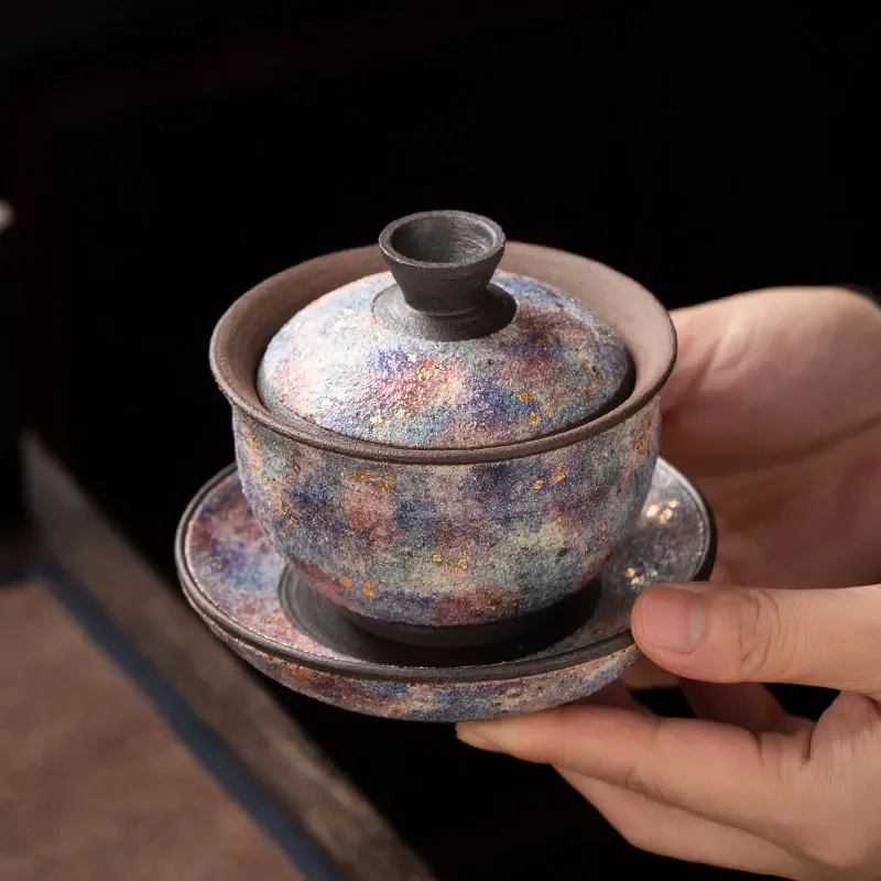 Coarse pottery firewood burning rock mine cover bowl is purely handmade, a single tea making bowl tea ware can be raised
