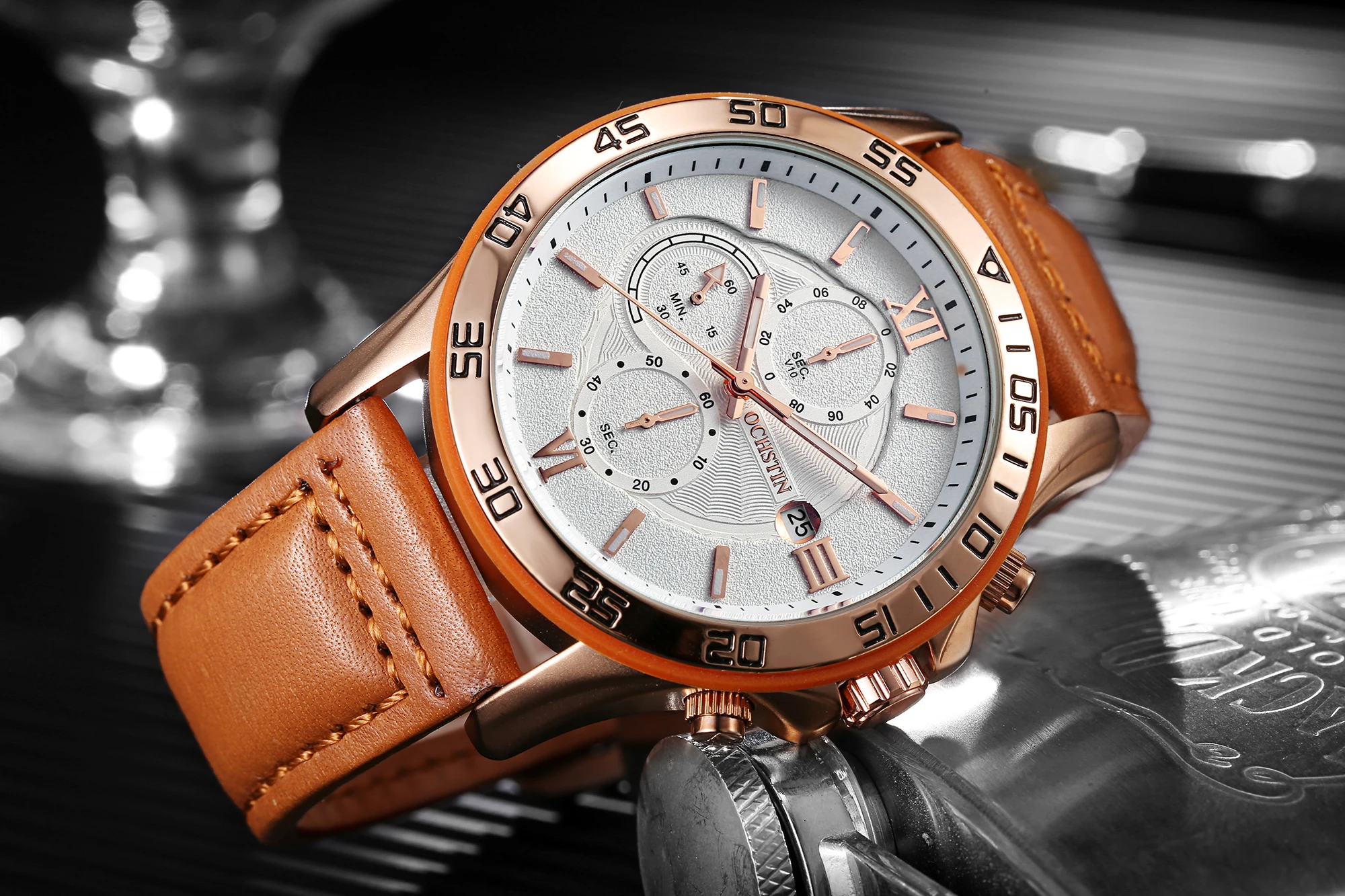 

OCHSTIN Hot Sale Quartz Watches Man Leather Strap Wristwatch Men's Multifunctional Movement Clock Men Calendar Waterproof Watch