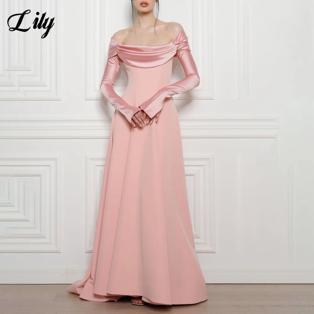 

Lily Pink Evening Gown Off the Shoulder Prom Dresses with Pleats A-Line Evening Dress Full Sleeves robes de soirée Customized