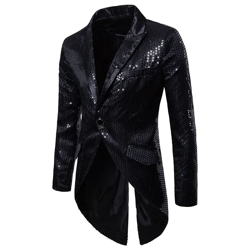 Blue V-Neck Long Sleeve Tuxedo Men\'s, TV Performance Magic Long Jacket, Glitter Sequin Decoration Red Gold Black Blazers S-XXL