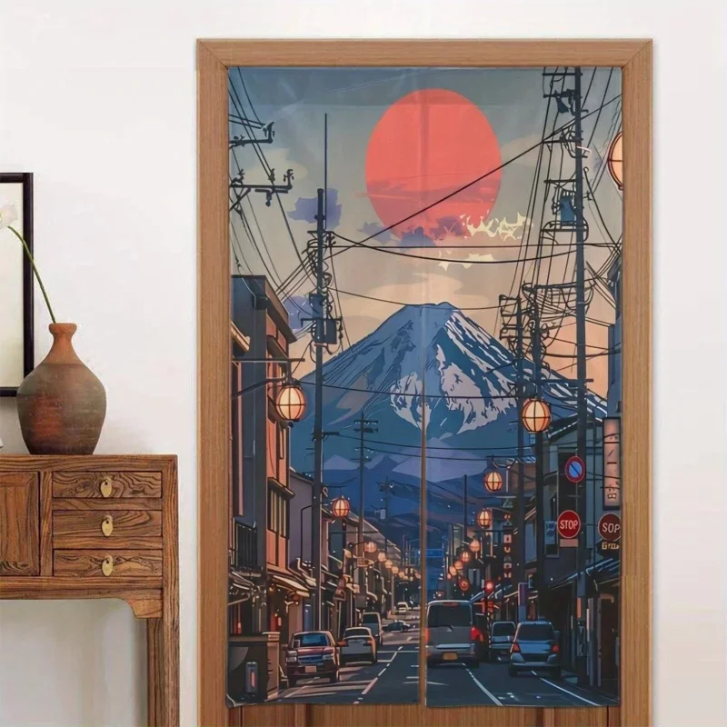 VIKAMA Vintage Anime Style Noren Curtain Mount Fuji Red Sun Town Street Pattern Fabric Doorway Partition Curtain for Entrance