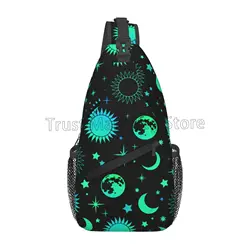 Vintage Neon Green Esoteric Sun Moon Print Sling Backpack Shoulder Chest Bag Crossbody Daypack for Men Women Hiking Travel