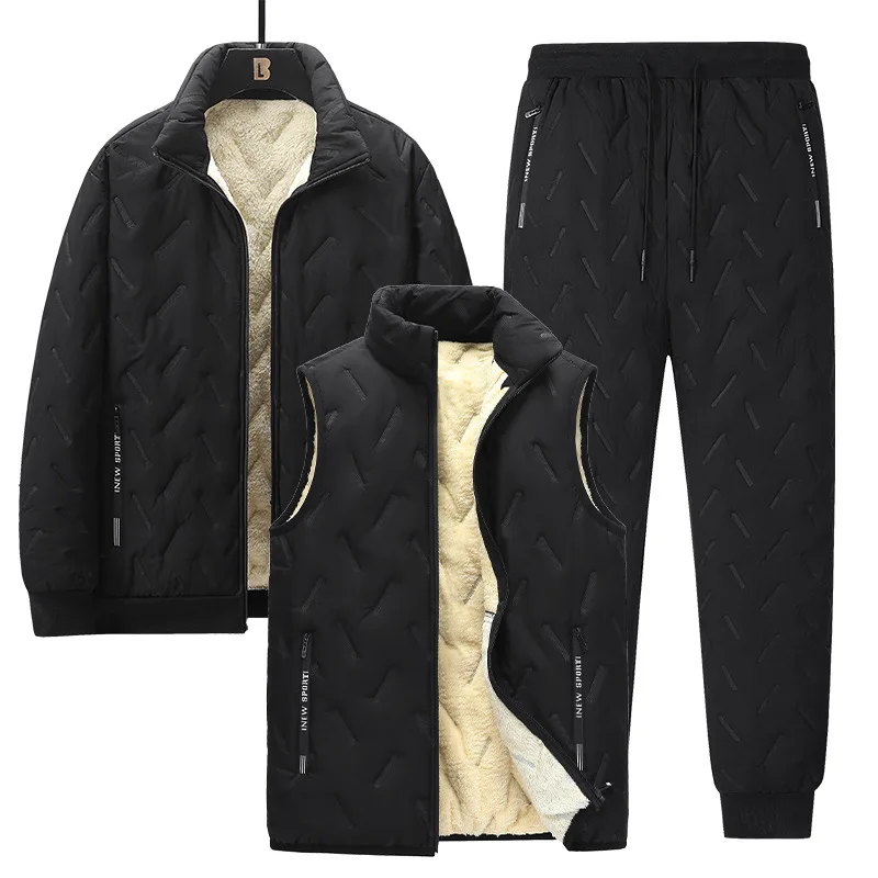 Mens Lamb Fleece Sports Set Casual Sweatshirt Double Fleece Lined Thick Warm Winter Three Piece Set Breathable Windproof