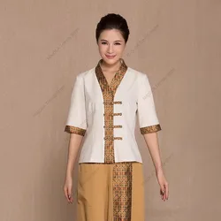 Women's Spa Therapist Massage Uniform Thai Style Cotton Linen Restaurant Work Clothes Set for Waiters Waitresses Thailand