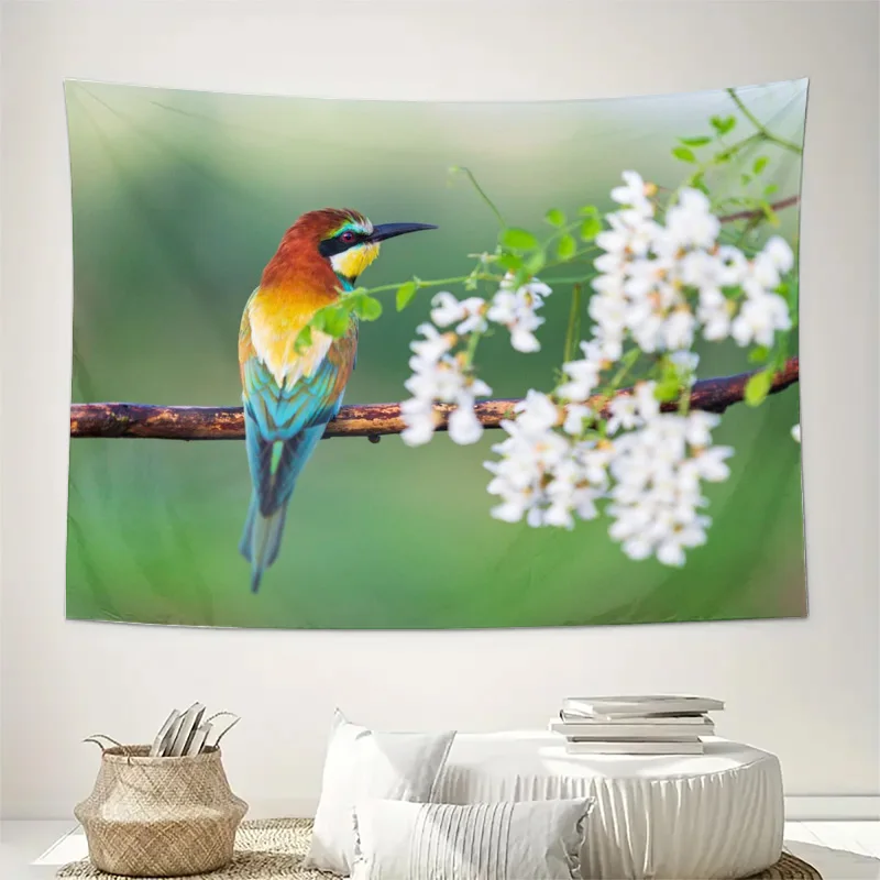 Tropical Bird Blossom Nature Wall Tapestry Artwork Printable Mural Decoration for Home Living Room Bedroom Aesthetic Wildlife Ph