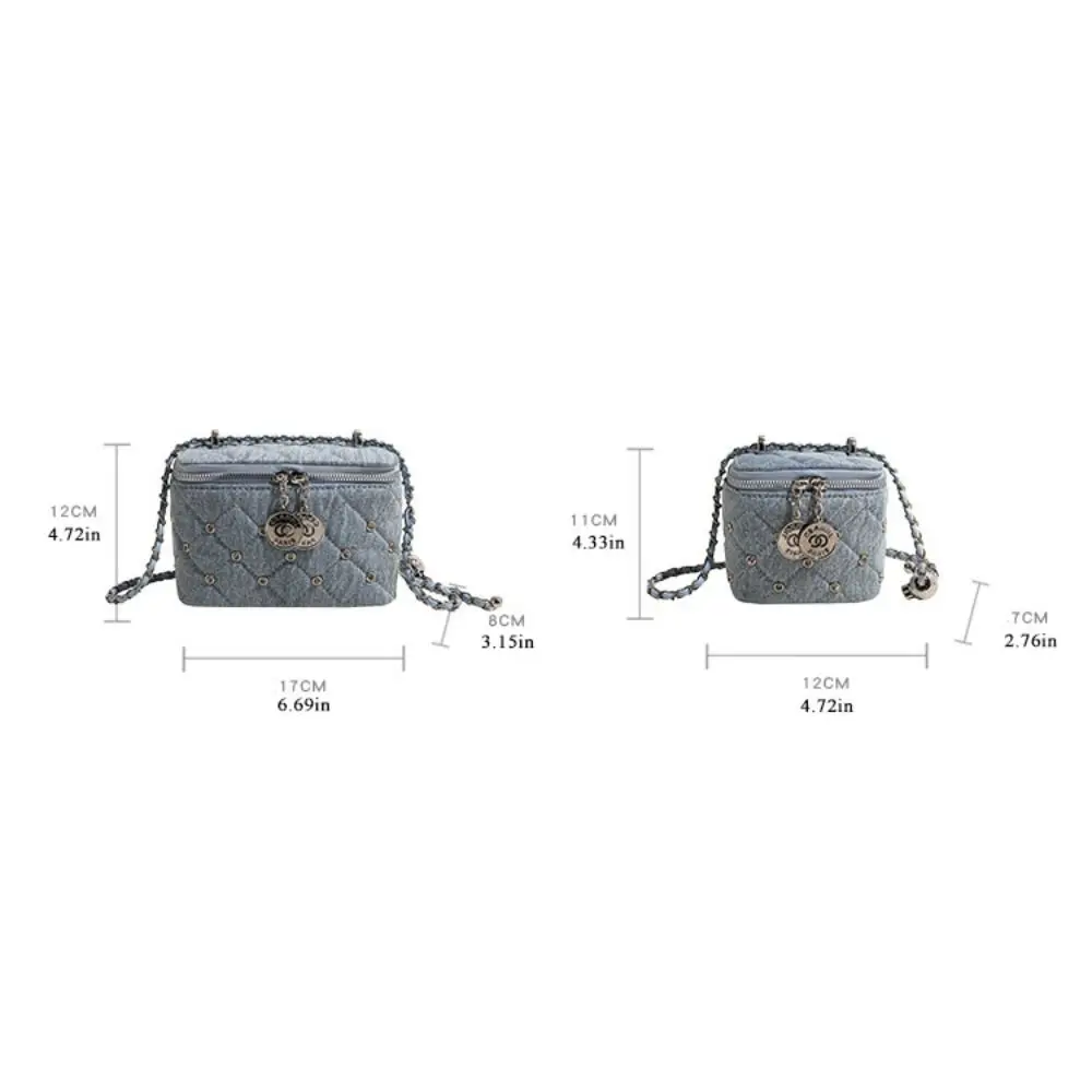 Fashionable Chain Crossbody Bag Denim Plain Bucket Bag Rivet Shoulder Bag