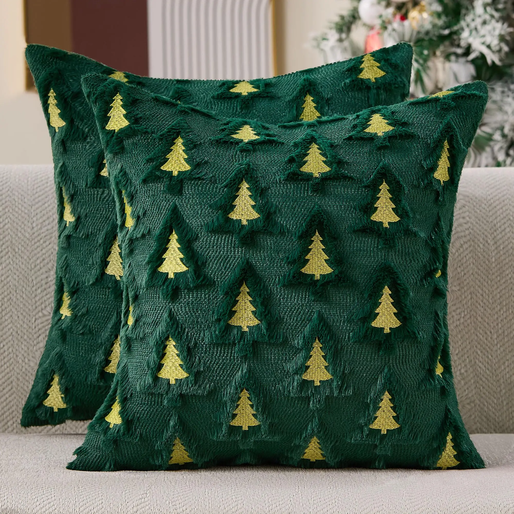 

Green Christmas Tree Decorative Pillow Covers 2026 New Holiday Cushion Cover 45x45CM Faux Fur Plush Pillowcase for Sofa Home