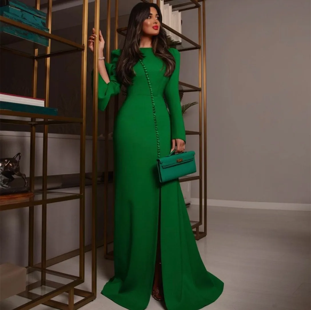 Customized Long Sleeve V-Neck Crepe Evening Dresses with Slit Mermaid Green Front Buttons فساتين سهرة Watteau Train Prom Dress