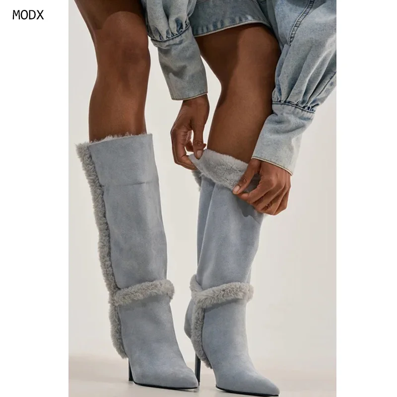 blue warm fur suede winter sexy mid calf boots women's pointy toe luxury designer ankle boots party 2026 high heels 44