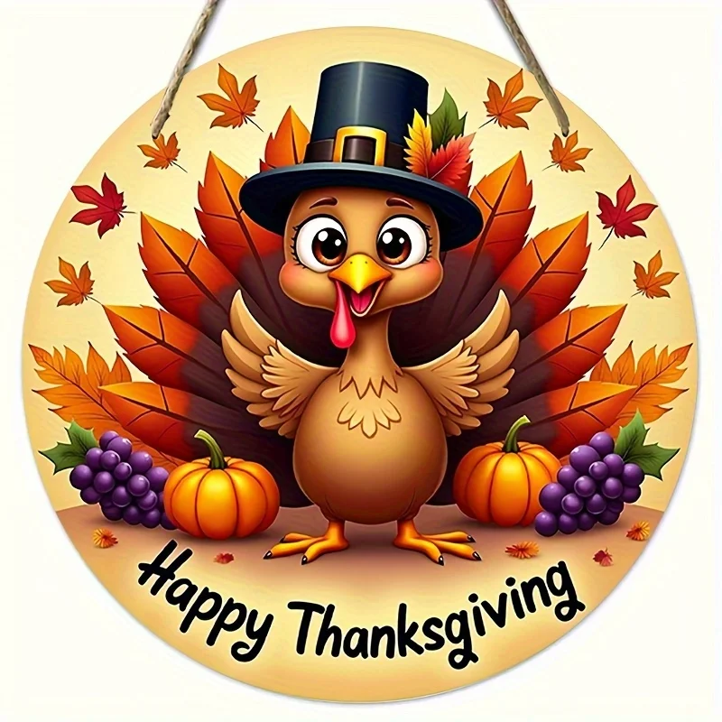 2D Flat Printing 1pc Thanksgiving Turkey Wall Decor - Artificial Wood Round Sign with Pre-Drilled Holes And Rope, Cute Cartoon T