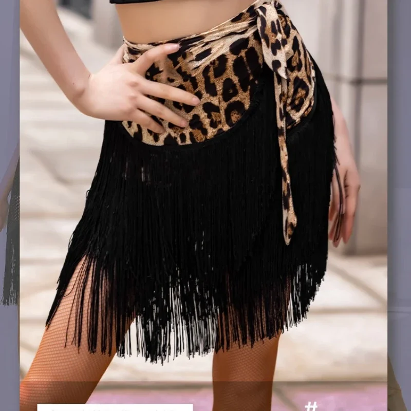 Fringe Latin Dance Skirt Leopard Sexy Adult Latin Wrap Skirts Spandex Latin Dance Dress Women\'s Black Practice Skirt Hip Scarf