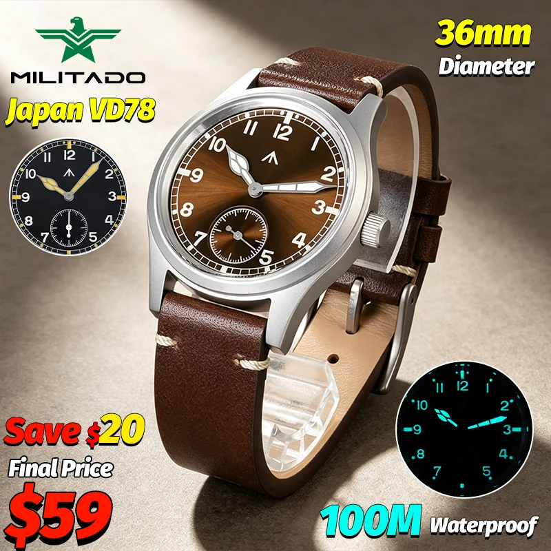 Militado D12 V2 36mm Vintage Men Watch VD78 Quartz AR Sapphire Crystal 100M Waterproof Super Luminous Field Wristwatch Gift