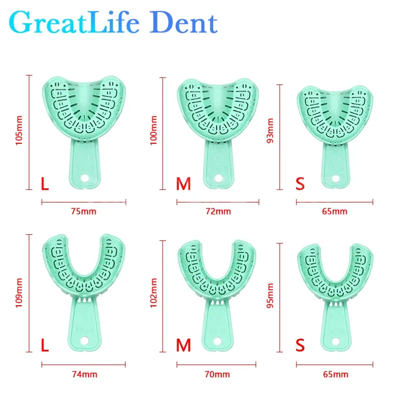 GreatLife Dent 3 Pairs Dental Implant Tray Green Full Mouth Removable Partial Mold Tray Easy Fold Baffle Plastic Dentist S/M/L