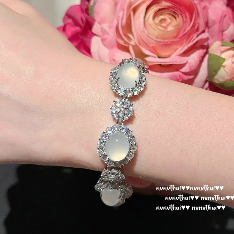 

925 Silver Inlaid High Ice White Chalcedony Set Agate Earrings Bracelet Necklace Ring Four-Piece Set