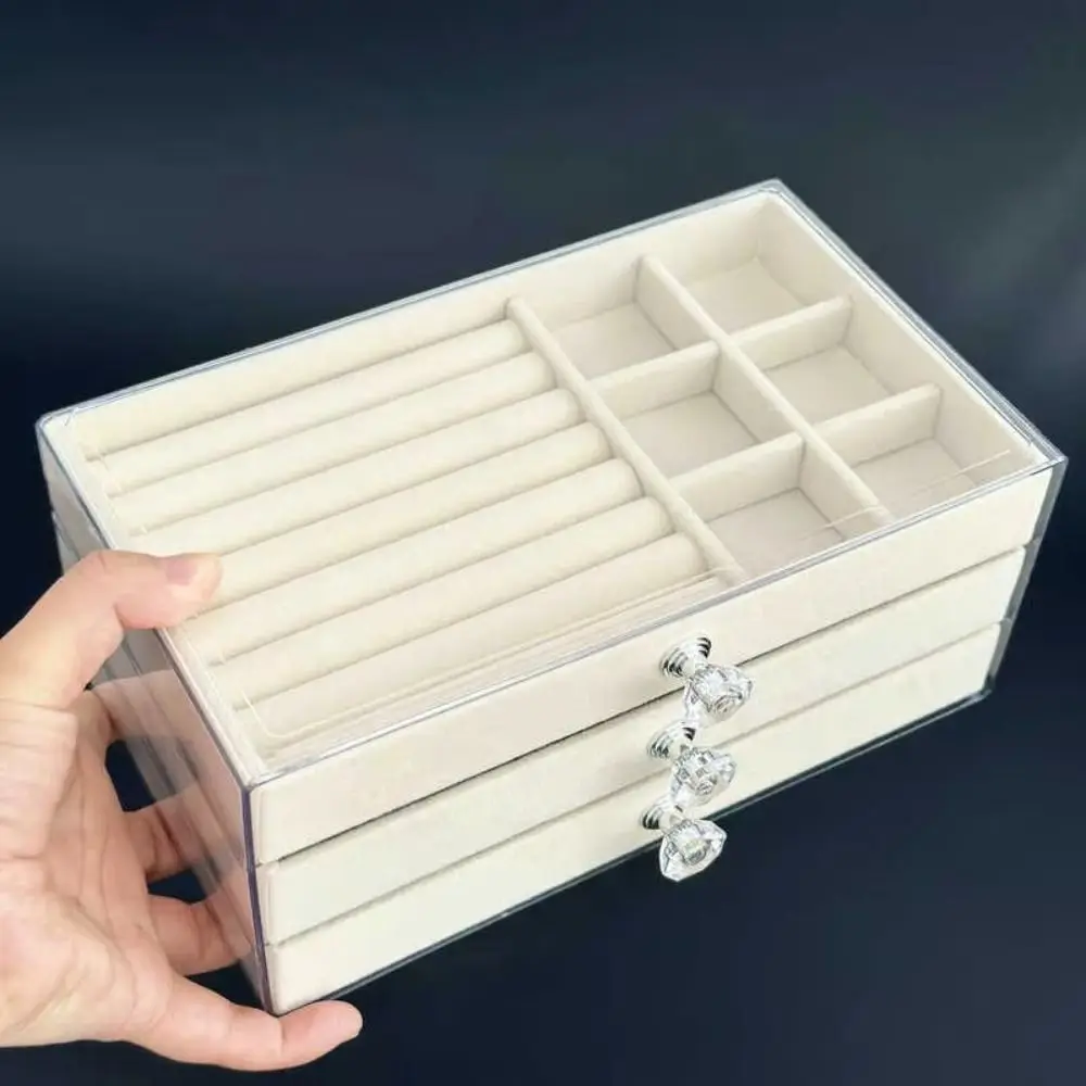 

High-Capacity Flannel Jewelry Box 3-Layer Transparent Earrings Necklaces Storage Oxidation-resistant Acrylic
